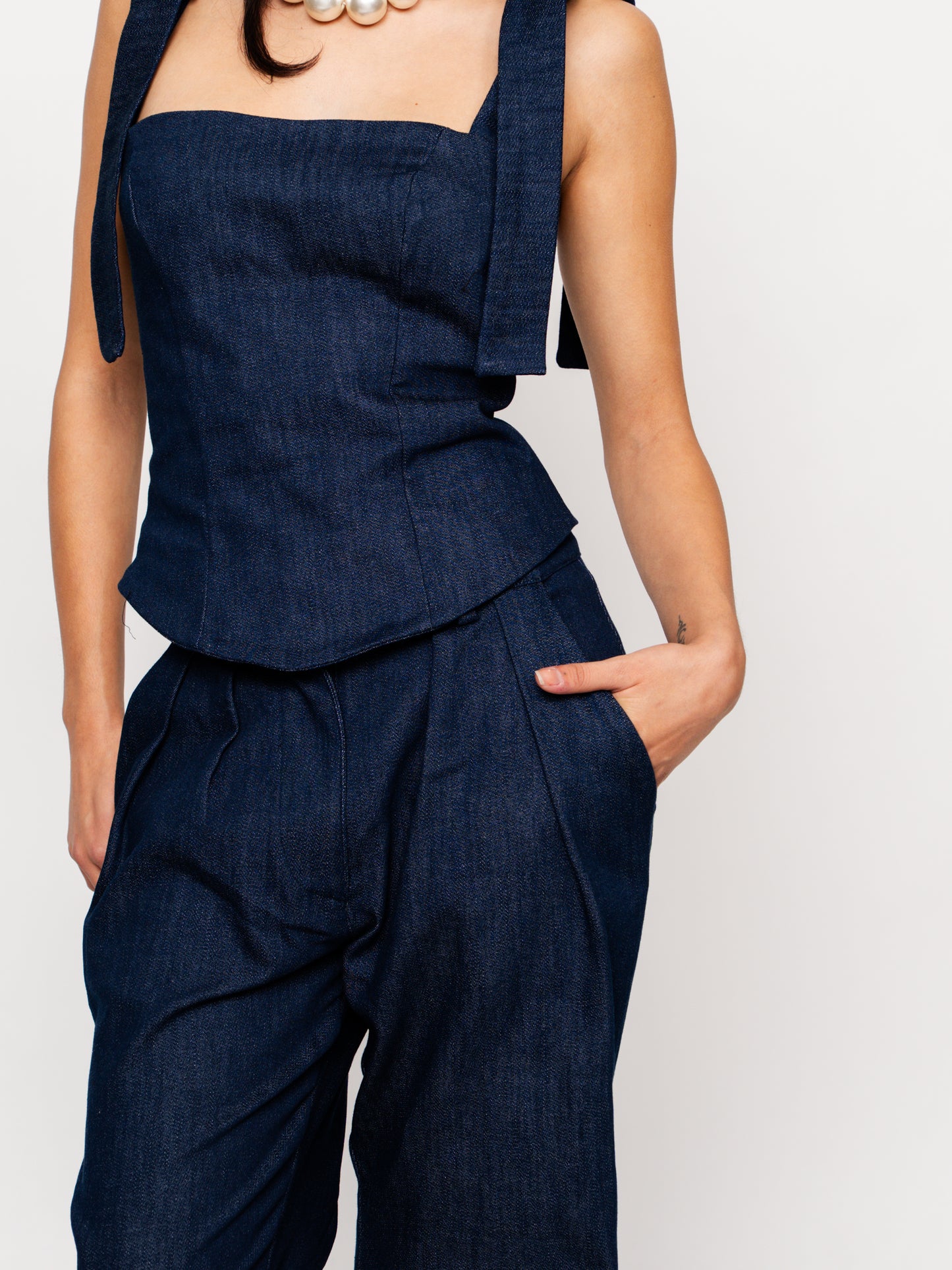 Dark Blue Wide-Strap Denim Bustier Top