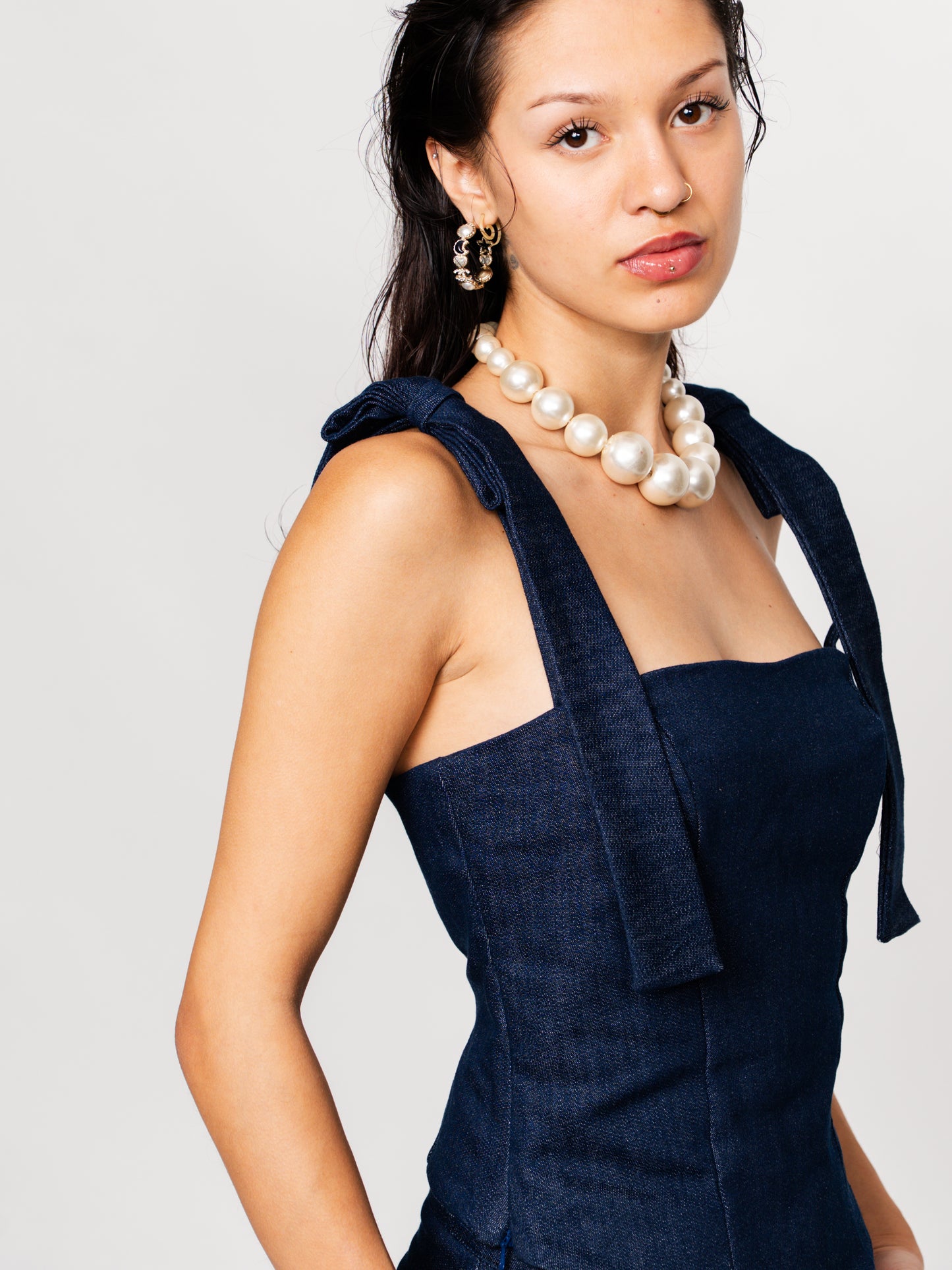 Dark Blue Wide-Strap Denim Bustier Top