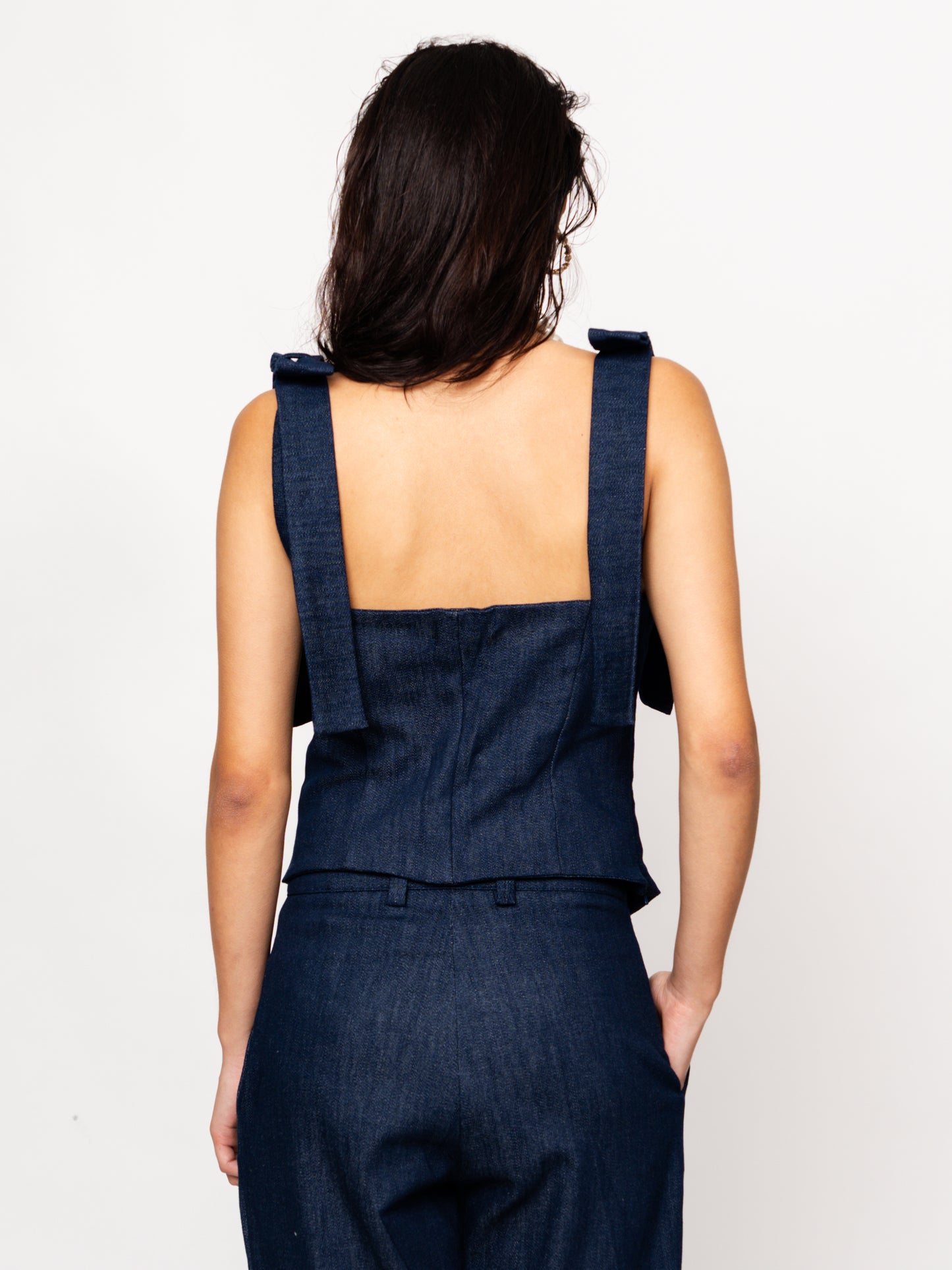 Dark Blue Wide-Strap Denim Bustier Top