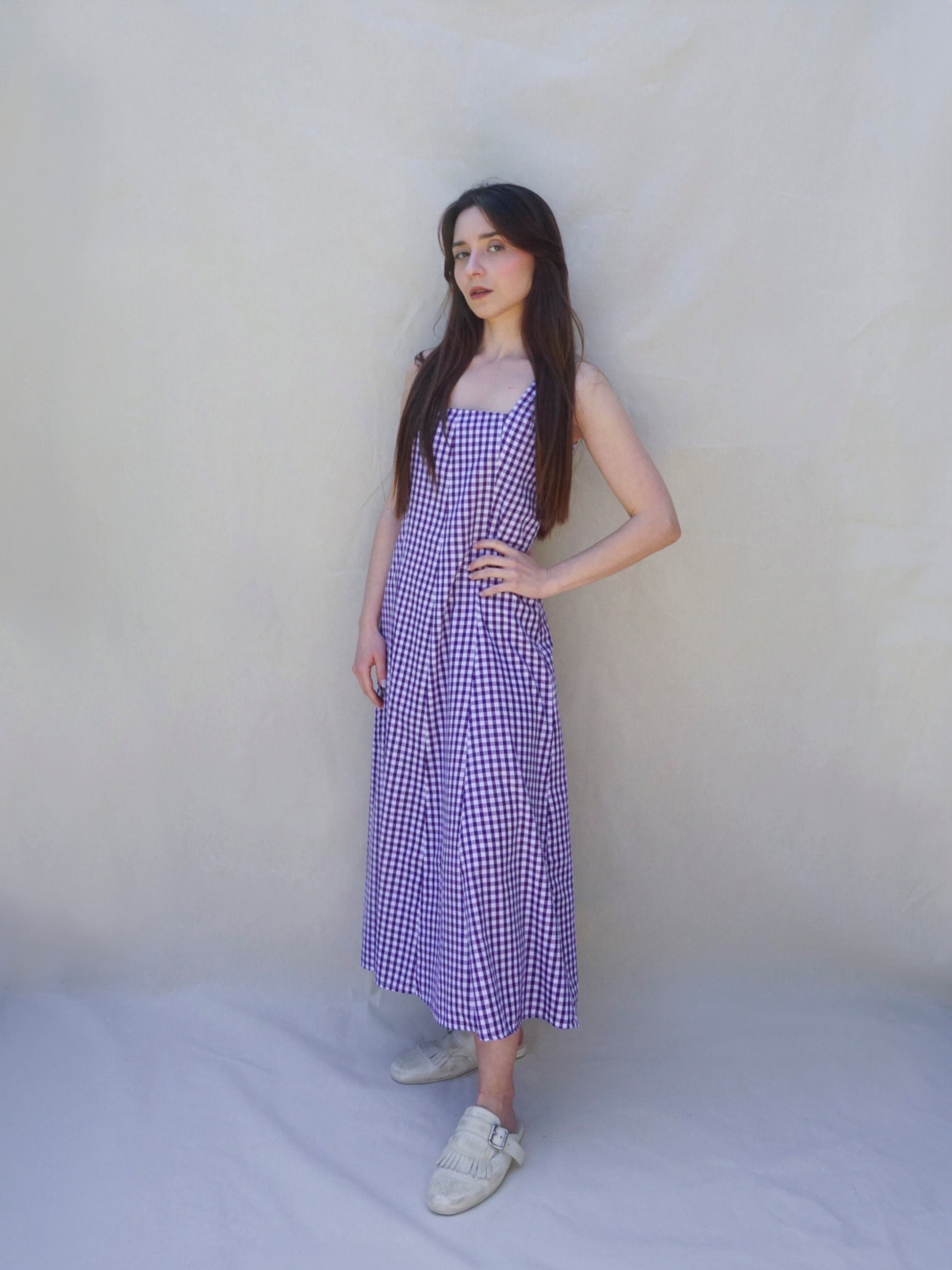 Purple Gingham Square Neck A Line Dress
- FRont